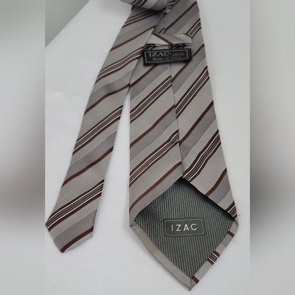 Beige, brown and gray striped silk IZAC 4 men tie/ pre-owned - Picture 5 of 12